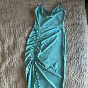 Elegant Teal Ruched Dress with Cowl Neck